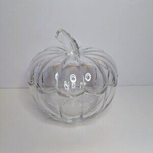 Godinger Harvest Pumpkin Clear Glass Ribbed Candy Fruit Nut Bowl Dish with Lid